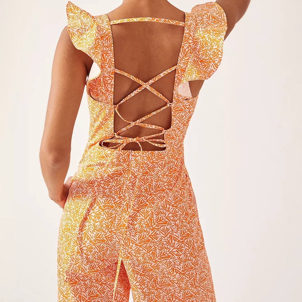 Anthropologie Hutch Orange White Lace Up Back Matchsticks Jumpsuit Wide Leg XS 2
